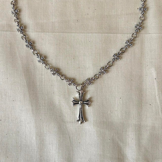 Chrome Silver Cross Pendant Necklace