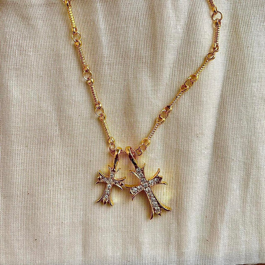 Gold Double Cross Pendant Necklace